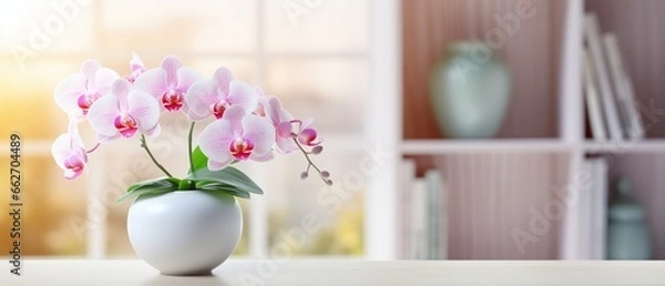 Fototapeta Pink Orchid in White Vase on Wooden Table with Blurred Bookshelf Background