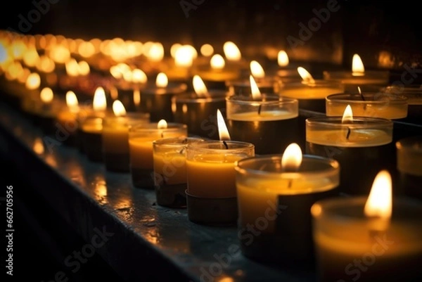 Fototapeta a row of scented candles flickering in a dark room