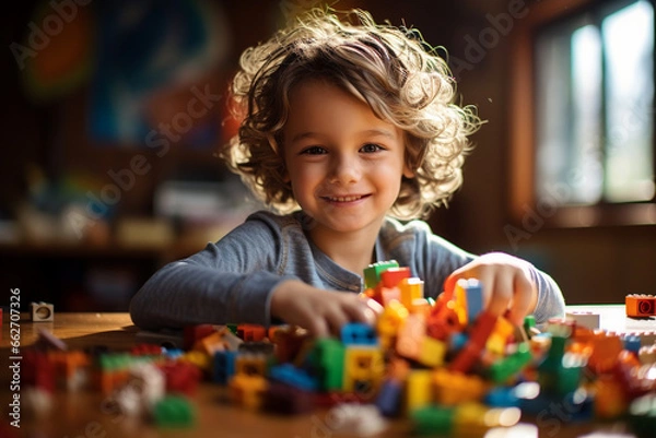 Fototapeta Joyous moment of a kid engrossed in play, creating a world of wonder with vibrant and colorful pieces. Ai generated