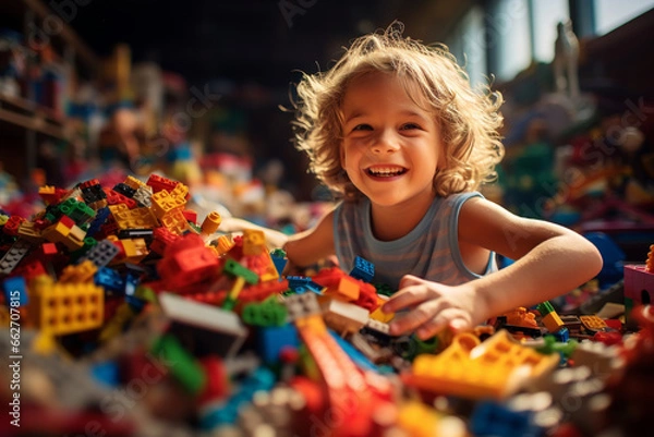Fototapeta Joyous moment of a kid engrossed in play, creating a world of wonder with vibrant and colorful pieces. Ai generated