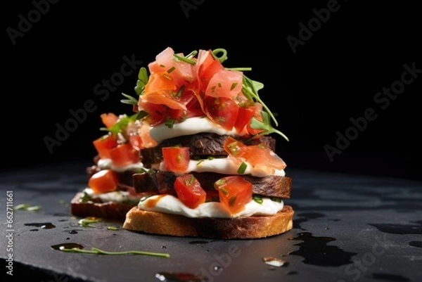 Fototapeta stack of bruschetta with mozzarella on black slate board