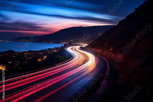 Fototapeta Mesmerizing beauty of light trails created through a long exposure shot on a winding road. Ai generated