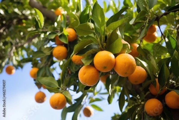 Fototapeta an orange tree with ripe oranges hanging from its branches