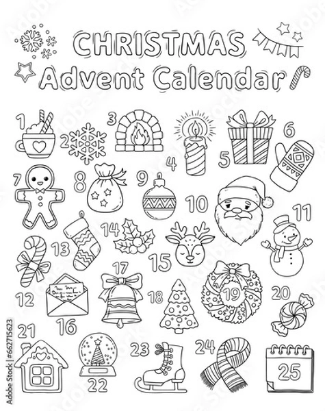 Fototapeta Xmas coloring advent calendar. Hand drawn vector poster with different Christmas symbols