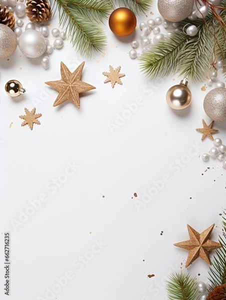 Fototapeta white background with Christmas decorations arranged along the border with room for text.