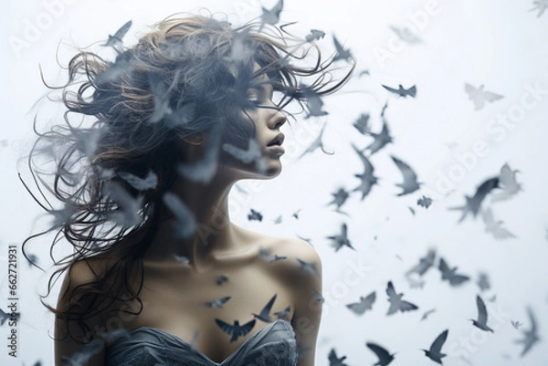 Fototapeta Woman portrait, where her flowing hair seamlessly transforms into a graceful flock of birds in flight, symbolizing a sense of liberation freedom. Ai generated