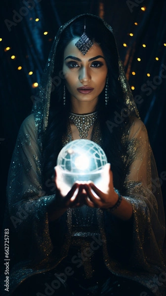 Fototapeta Ethereal Insights: Fortune Teller Connects with the Radiant Glass Sphere, generative ai
