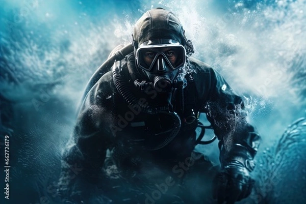 Fototapeta A scuba diver underwater. Spooky, mysterious and foggy scene. Great for action, adventure, marine and deep sea thriller, spy movie and more. 