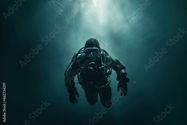 Fototapeta A scuba diver underwater. Spooky, mysterious and foggy scene. Great for action, adventure, marine and deep sea thriller, spy movie and more. 