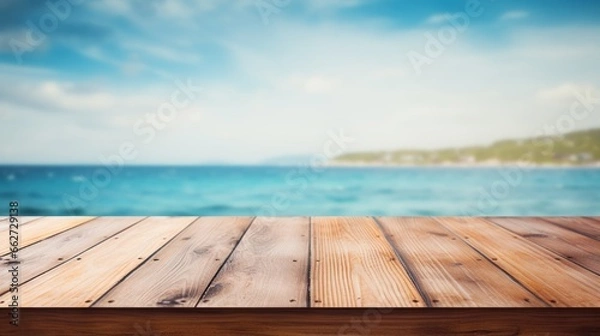 Fototapeta Empty light wood table top perspective and blurred ocean background.
