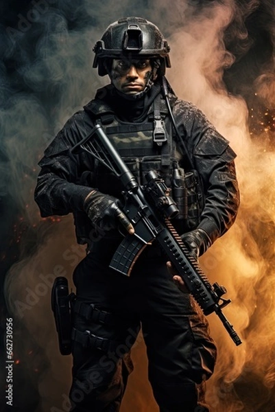 Obraz A special forces operator in full combat gear. Dynamic action poster. 