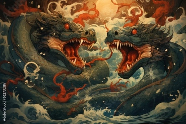 Fototapeta Gigantic sea serpents slithering through treacherous waters - Generative AI