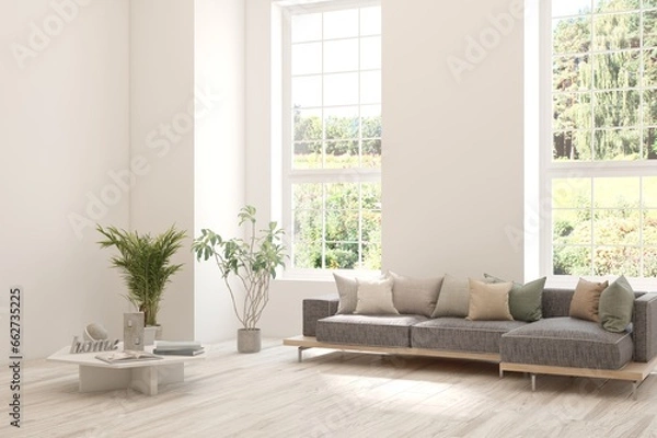 Fototapeta Bright interior design with modern furniture and summer landscape in window. 3D illustration
