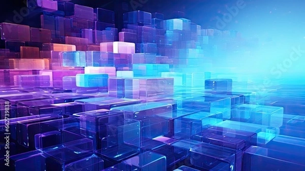 Fototapeta Purple and light Blue Glitch Art Backdrop - Background with streight lines, sharp edges and blocks - digital technology illustration element - generative ai
