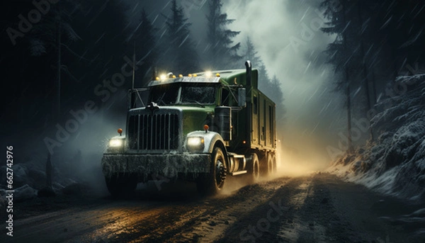 Fototapeta Truck speeding on wet asphalt, delivering cargo through foggy forest generated by AI