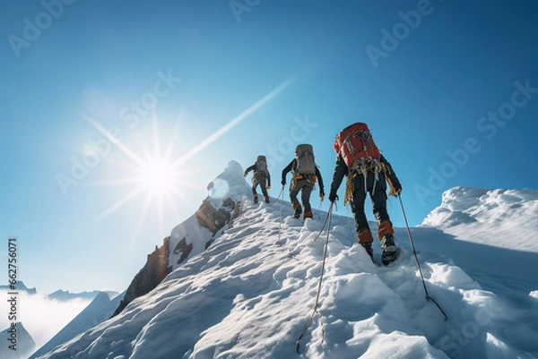 Fototapeta Rear view of three roped climbers in a row reaching the top of a snowy mountain at sunrise. Adventure sports concept