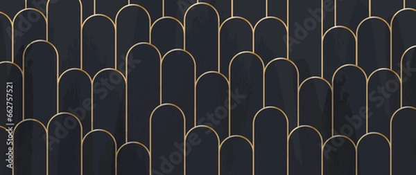 Fototapeta Vector golden geometric shapes wallpaper background in art deco style, hand drawn with watercolor texture. Linear design for interior, textile, texture, poster, packaging, wrappers, gifts. Luxury styl