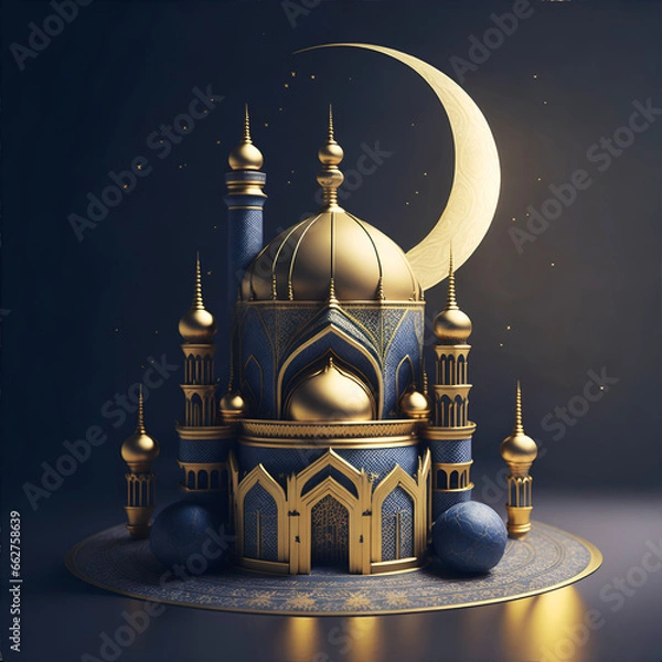 Fototapeta 3D Mosque design with golden doom and crescent moon