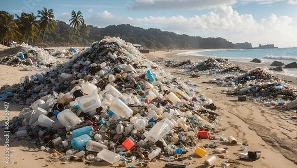 Fototapeta photo of plastic waste piled up on the beach, made by AI generative