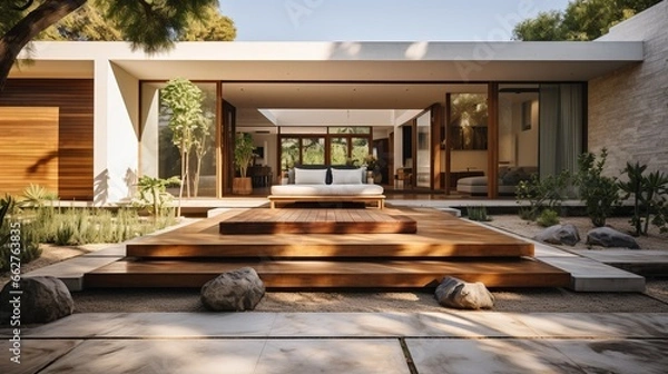 Fototapeta Modern ranch style minimalist cube house with terrace and landscaping design front yard. Residential architecture exterior