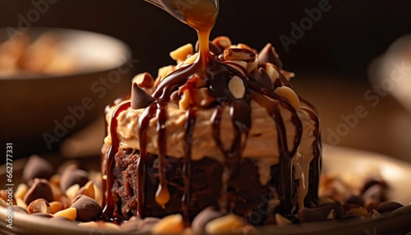 Fototapeta Indulgent homemade chocolate fudge stack with whipped cream and syrup generated by AI