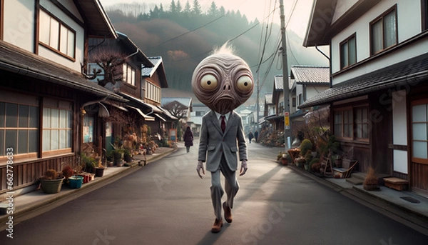 Obraz High-resolution 4k image showcasing an uncanny and unique character, strolling through a tranquil small town. The character's peculiar features stand out dramatically, making it the focal point amidst