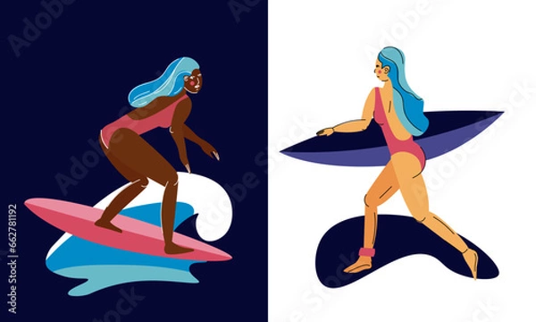 Fototapeta African american girl surfing on wave. Woman running with a surfboard. Happy young female enjoy activity for active summer vacations at sea resort. Cartoon flat vector illustration.