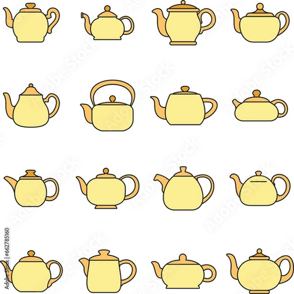 Fototapeta Kettle teapot icons set. Outline illustration of 16 kettle teapot vector icons thin line color flat on white
