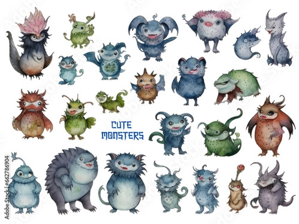 Fototapeta A set of cute imperfect hand painted style watercolor monster creature characters on an isolated background. 