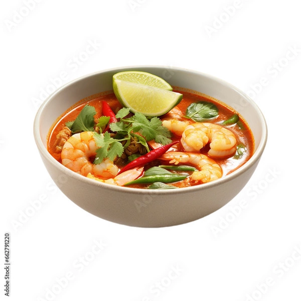 Obraz spicy tom yum with shrimps and lime isolated on white background, ai generated