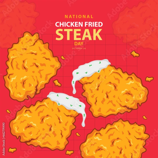 Fototapeta National Chicken Fried Steak Day on october 26, Some delicious chicken fried steak with cream gravy vector illustration and text isolated on abstract background for commemorate and celebrate that.