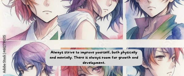Obraz Journey to Empowerment: Anime-Inspired Watercolor Design with Motivational Quote