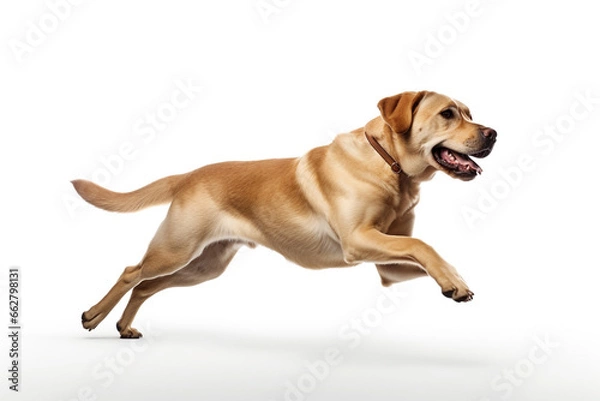 Fototapeta Labrador Retriever dog running and jumping isolated on white background.