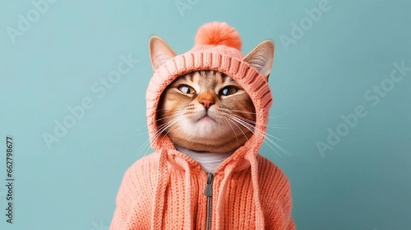 Fototapeta Cat dressed in winter clothes portrait on isolated background - ai generative