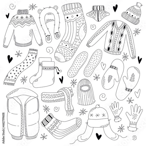 Fototapeta Collection of winter clothes. Set of winter accessories. Hand drawn winter hats, scarfs, mittens and socks. Knitted wool clothes. Vector illustration in doodle style