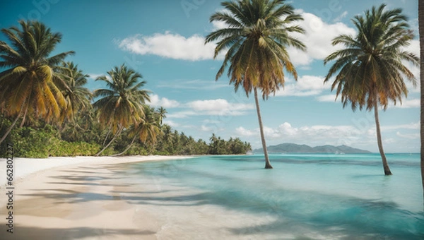 Fototapeta A serene beach scene with palm trees and crystal-clear blue water