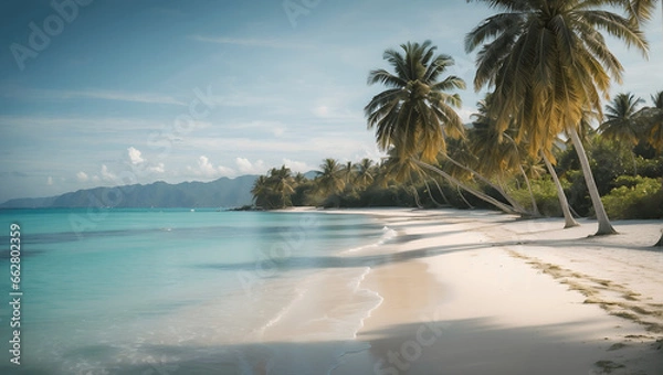 Fototapeta A serene beach scene with palm trees and crystal-clear blue water