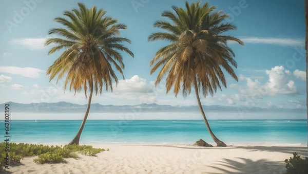 Fototapeta A serene beach scene with palm trees and crystal-clear blue water