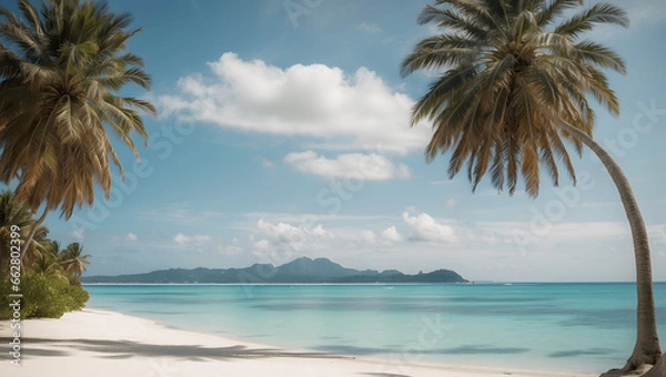 Fototapeta A serene beach scene with palm trees and crystal-clear blue water
