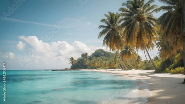 Fototapeta A serene beach scene with palm trees and crystal-clear blue water