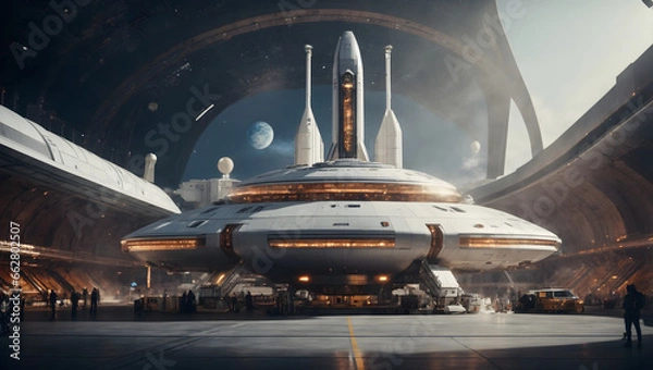 Fototapeta A digital Spaceport with a massive Spacecraft