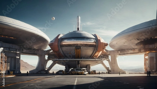Fototapeta A digital Spaceport with a massive Spacecraft