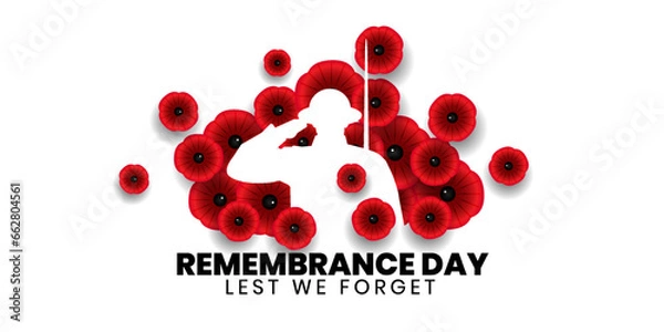 Fototapeta Remembrance day poster, Lest We forget 11 November greeting banner or card of poppy flowers, Vector illustration. 