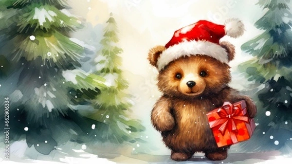 Obraz Festive Watercolor Illustration of a Adorable Wildlife Creature in Winter Attire and Holiday Decorations