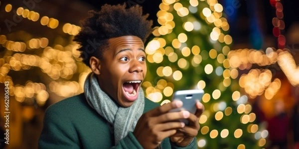 Obraz Winning Christmas Auction: Delighted African American Man Receives Lifechanging Lottery News and Celebrates with Joyful Candid Emotions in Decorated Home