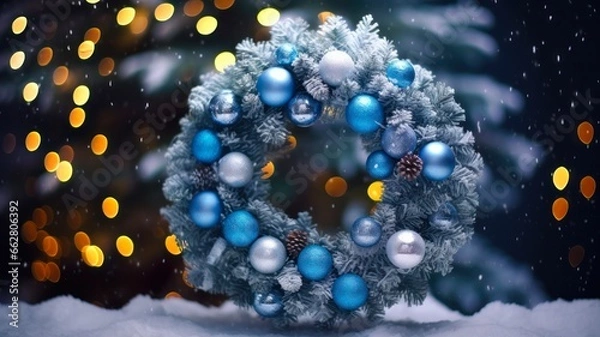 Obraz Bright Blue Christmas Wreath: Celebrate the Cold Season with Artistic Decorative Circle on Blue Background