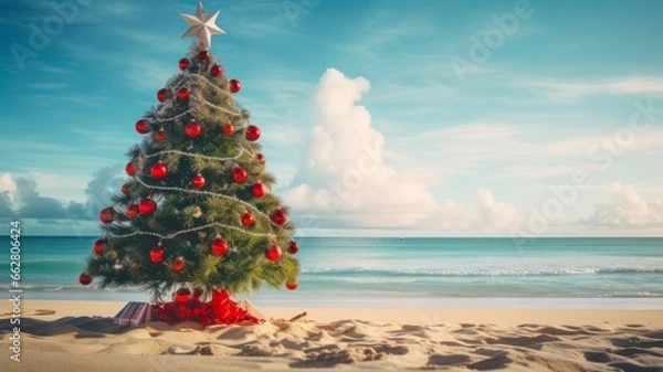 Obraz Festive Christmas Tree Adorns Serene Tropical Beach with Crystal-clear Ocean Waters in Maldives Vacation Destination Image