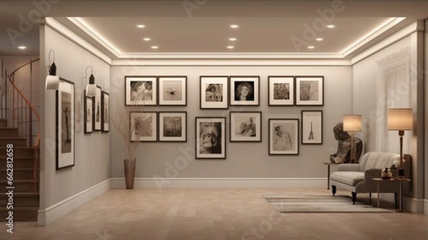 Fototapeta A curated gallery wall in a neutral-toned hallway with recessed lighting