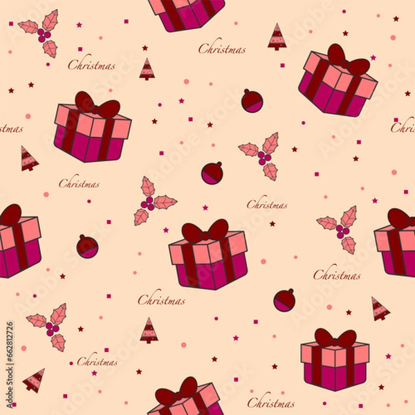 Fototapeta Christmas seamless pattern with gift boxes and elements background for wrapping paper, wallpaper, cover or decoration.