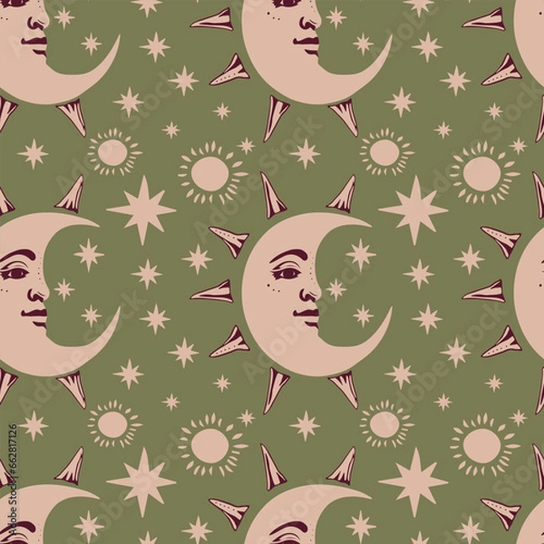 Fototapeta Vector seamless pattern moon with face and stars on a green background.Seamless astrological boho ornament.